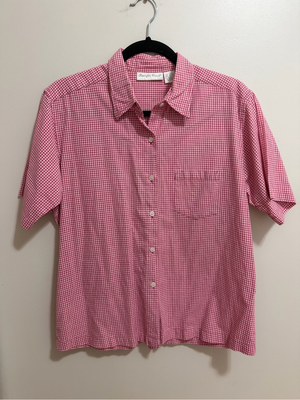Pacific Crest Pink Gingham Button Up Short Sleeve Shirt Size L 100% Cotton